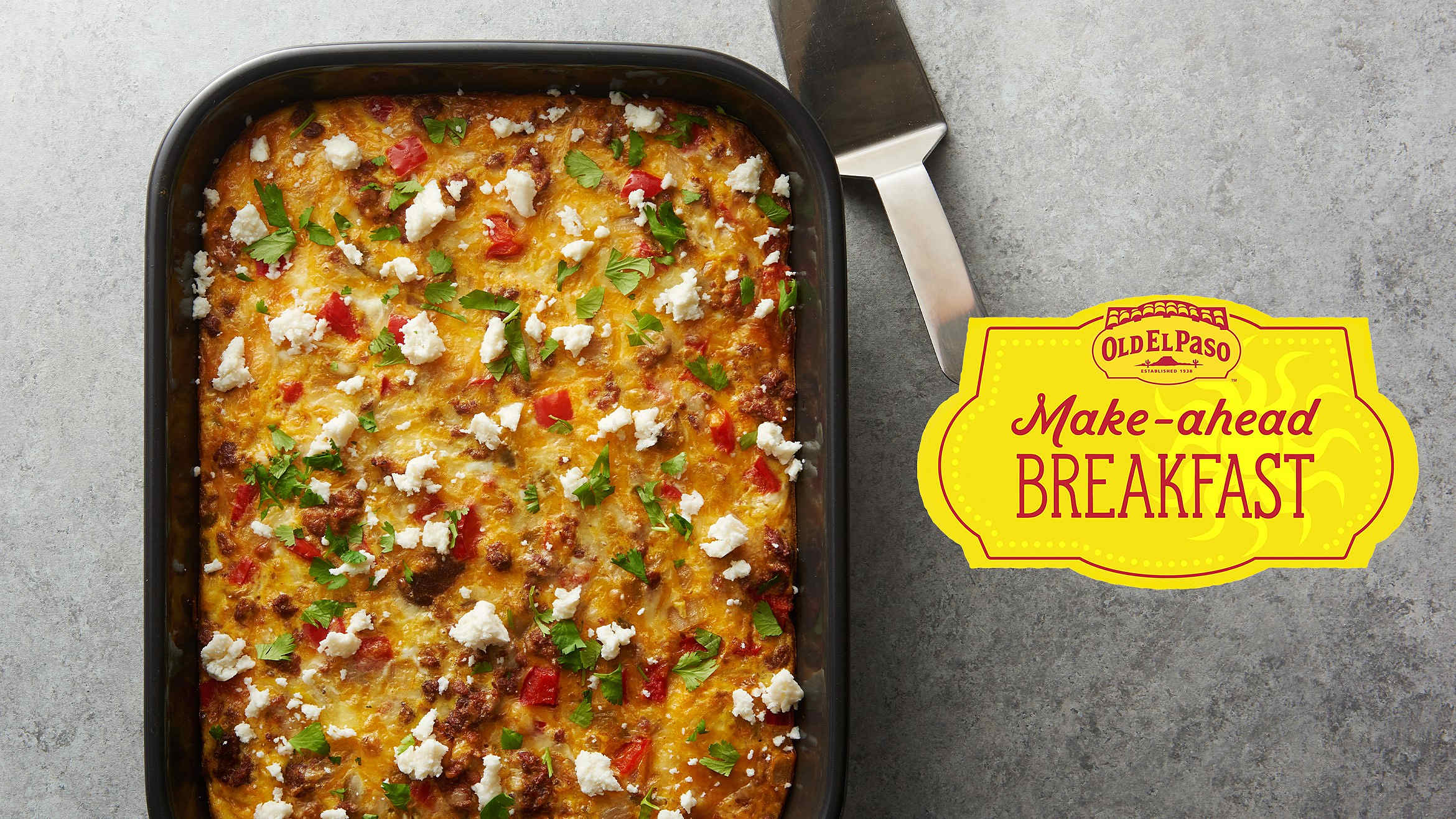 Old El Paso Make-Ahead Breakfast logo next to Tex-Mex Quinoa breakfast bake in a casserole dish