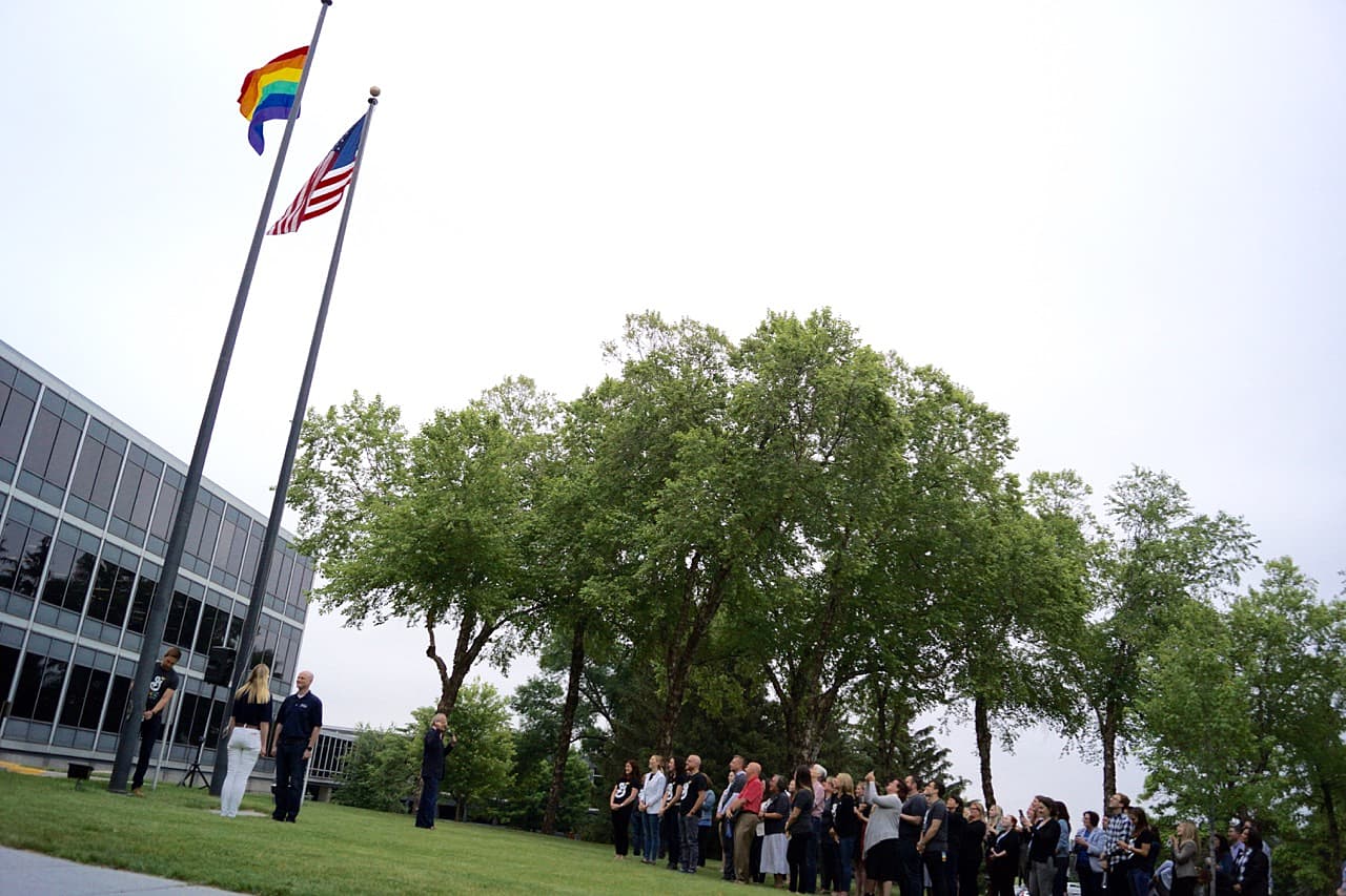 Employees watching Pride Flag being raised