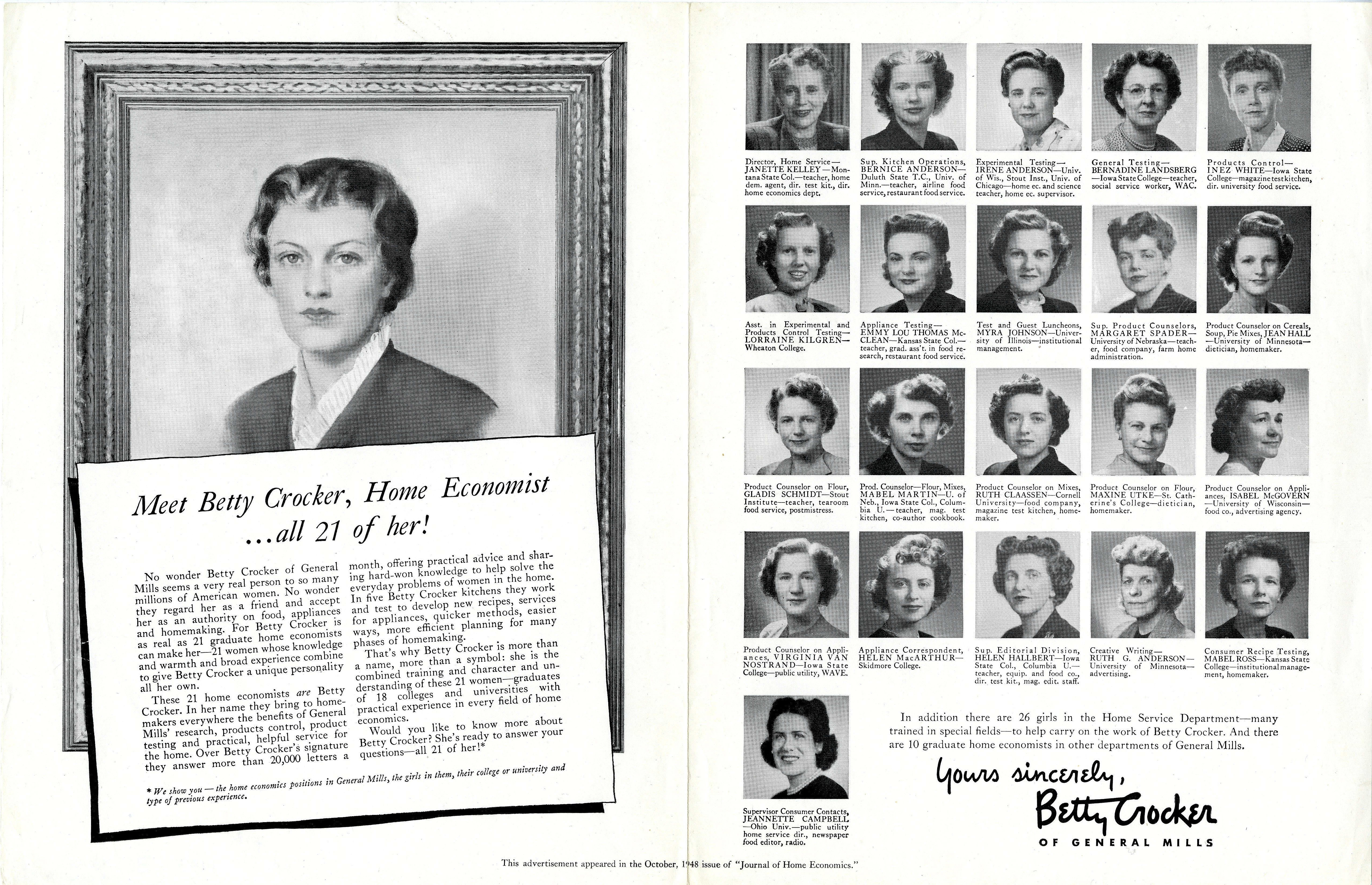 The names, titles and schools of the Betty Crocker home economists