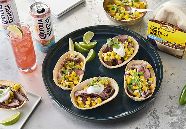 flank steak taco bowls with mango salsa